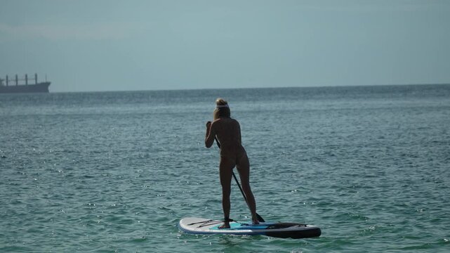 Active Paddleboard Woman Enjoying Summer Ocean Water Sport Vertical video