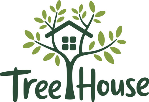 Treehouse Logo Design with Green Tree and House Icon