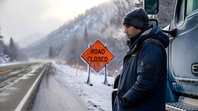 A concerned driver faces an unexpected 'Road Closed' sign on a treacherous, snow-covered mountain road, highlighting the severe disruptions of winter travel
