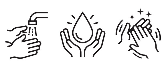 Obraz premium Hand washing icons hygiene and cleanliness personal care public health medical care water drop