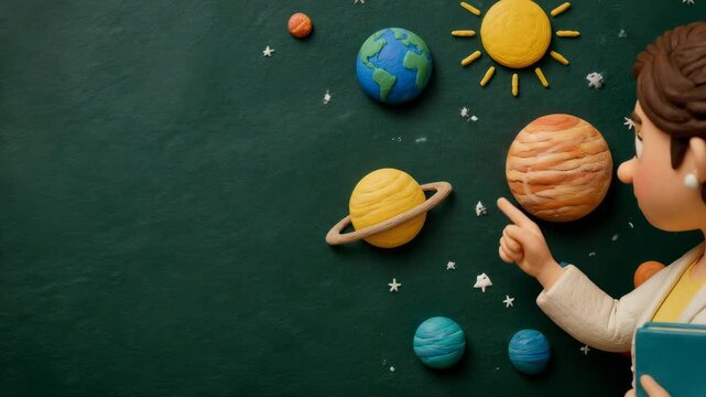 A claymation style teacher stands before a chalkboard decorated with 3D planetary models, illustrating a captivating and immersive astronomy lesson for students in a charming creative classroom.
