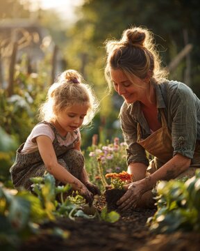 A beautiful Caucasian mother and her young daughter gardening together in a backyard.