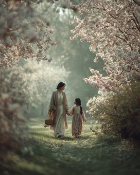 A graceful Middle Eastern mother walking through a blooming park with her daughter. 