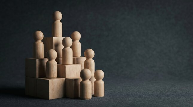 Miniature wooden peg dolls standing on stacked square blocks represent a hierarchy of leadership within a corporate organizational structure for business growth