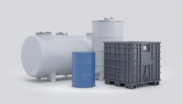 Industrial storage tanks and containers including a blue drum in a 3d render high quality professional
