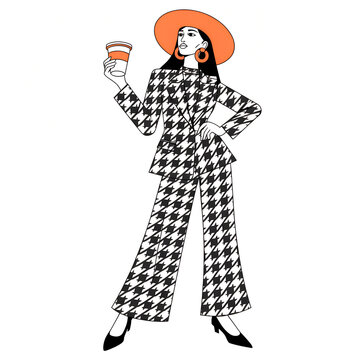 Fashion Illustration in Houndstooth Suit with Coffee
