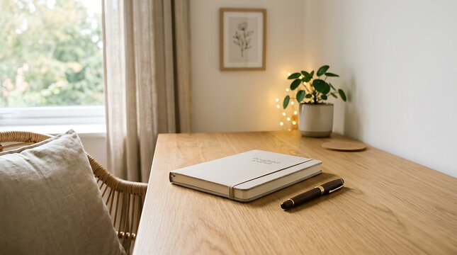 A wooden desk with a notebook and a pen in a cozy home office with a green plant by the window in the bright afternoon light
