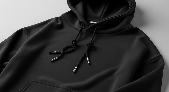 Black hoodie with drawstring closeup.