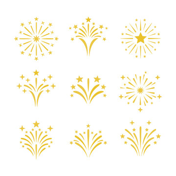 Festive golden yellow fireworks and twinkling star icons arranged in a clean balanced composition on a white background, minimal celebration design concept