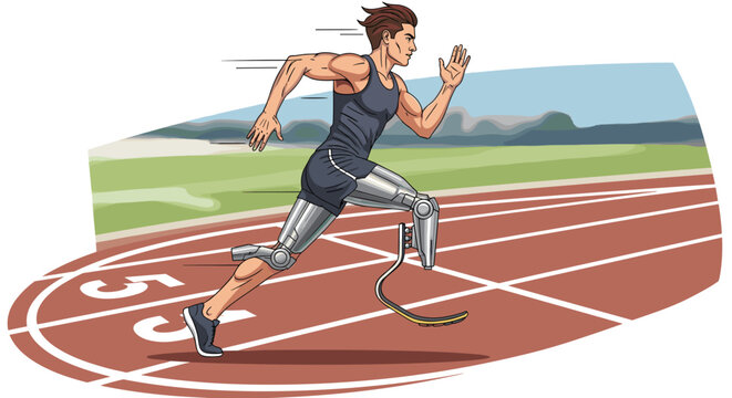 Prosthetic athlete running on a track, illustration of a disabled man with carbon fiber running blades sprinting in a competition