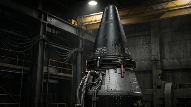 Close-up of nuclear warhead mounted on missile, industrial setting, dramatic shadows, ultra sharp detail