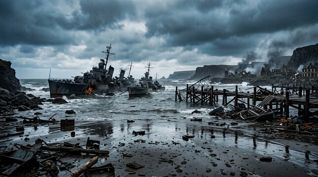 Coastal war aftermath with wrecked ships near shore, broken docks, stormy sky, wet reflective surfaces