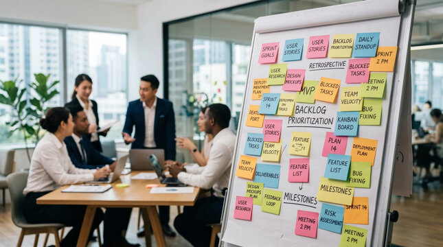 Business team agile sprint planning meeting with colorful sticky notes backlog whiteboard in modern office