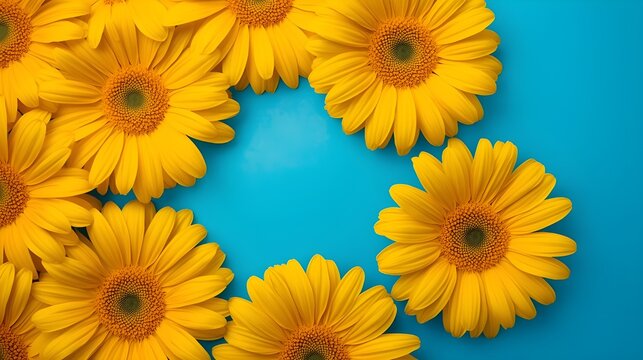 The image features vibrant yellow gerbera flowers in a circular arrangement against a blue background.