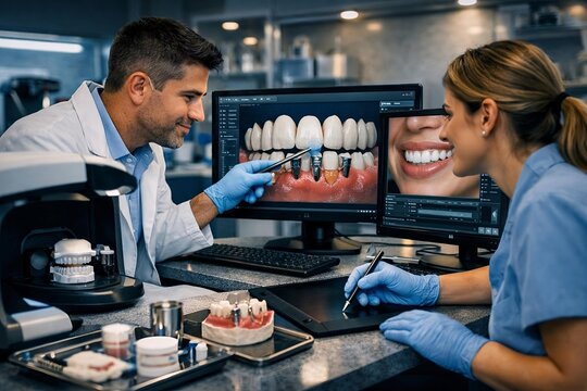 Dental Technicians Designing Digital Dental Implants and Veneers Using CAD CAM Software in Modern Laboratory