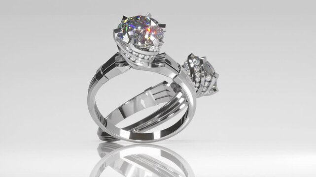Rotation of white gold rings with shiny diamonds and prong swirl design. 3d animation on glossy white background loop