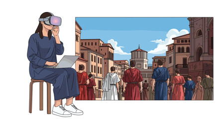 Fototapeta premium Woman wearing vr headset and using laptop to experience virtual reality simulation of ancient roman city street