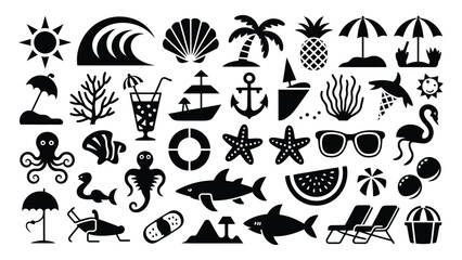 Fototapeta premium Summer vacation icons set including beach food and leisure symbols