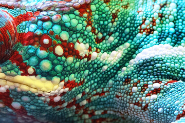 Chameleon skin. Close-up of a chameleon's skin. Bright blue-green color. Close-up of chameleon skin for background and wallpaper. An exotic animal. Textured background. © Alla