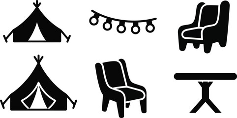 Camping furniture silhouette icon set tent chair table lights vector illustration © HAFIJA KHATUN