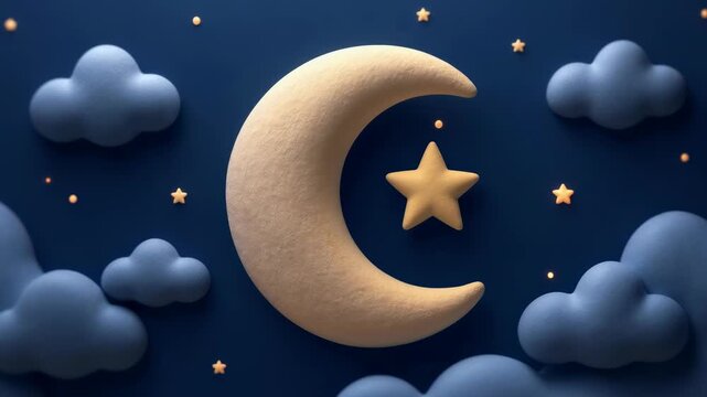A glowing crescent moon and a single star float serenely against a deep navy sky, capturing a peaceful 3D artistic rendering of the night atmosphere with soft clouds and celestial magic.