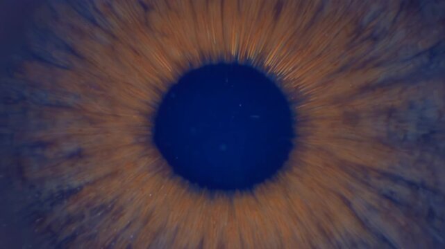 Close-up view of a human eye showcasing the intricate patterns and colors of the iris, with a gradual zoom effect emphasizing the details and textures of the eye