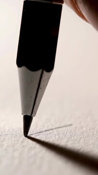 Close-up of a black mechanical pencil tip writing on textured paper casting a long shadow with a focus on the act of creation and precision