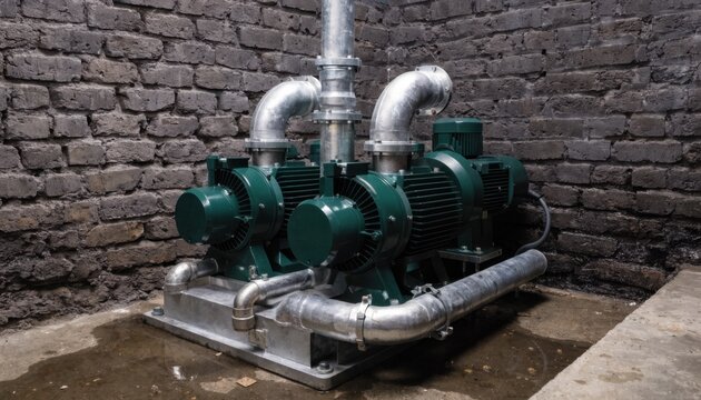 Medium shot captures a duplex water pump package with twin factoryaligned pumps mounted on a shared baseplate highlighting compact industrial setup and piping connections.