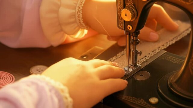 A hand in a delicate lace cuffed sleeve carefully guides a strip of intricate lace through a vintage sewing machine, highlighting the timeless art of professional textile craftsmanship and detail.