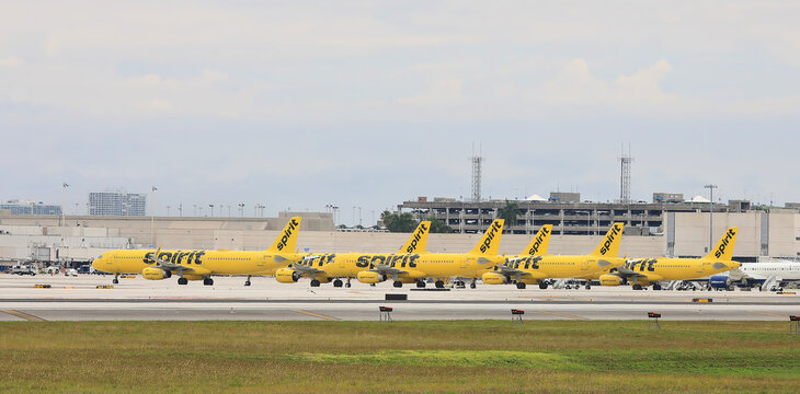 After going out of business on May 2, 2026, six Spirit jets are parked on the Fort Lauderdale Hollywood International Airport tarmac. 