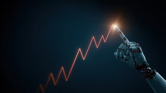 Business-oriented humanoid robot pointing at glowing upward financial graph