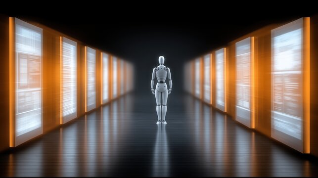 Humanoid robot in data center server room for AI infrastructure, cloud computing and automation operations