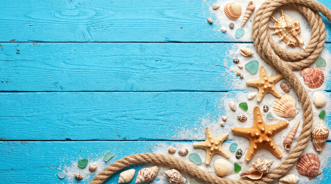 Starfish seashells rope and sea glass on white sand over blue painted wooden planks summer background
