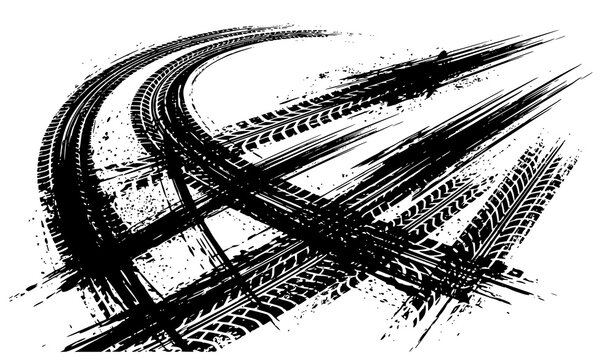 Dynamic grunge tire skid marks and wheel track patterns for racing and automotive design vector illustration