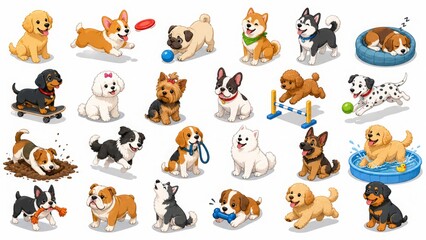 Obraz premium Cute Dog Breeds Cartoon Collection Adorable Puppy Characters Set with Various Poses