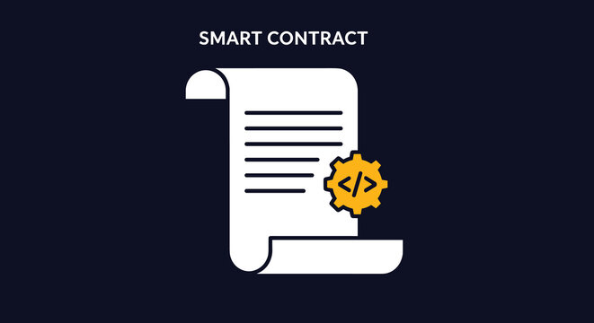 Smart contract icon, digital agreement symbol, blockchain technology concept, automated transaction, computer code on document, vector illustration