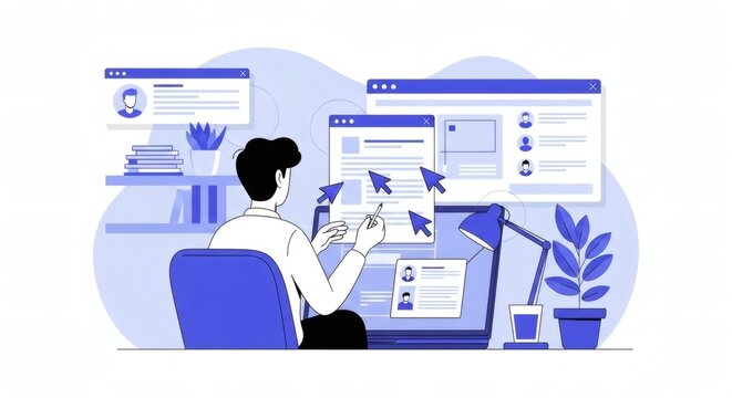 Man working on computer with multiple browser windows and arrows pointing to different screens in a modern office setting with blue and white color scheme