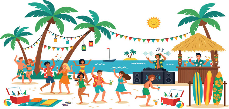 Summer beach party vector illustration with happy diverse people dancing near dj booth and tiki bar