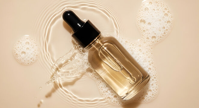 Cosmetic serum bottle with pipette floating on water creating ripples and bubbles