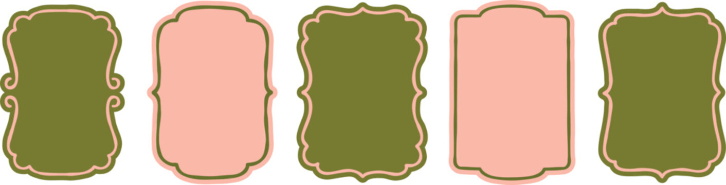 Vintage Ornamental Frame Set in Green and Pink &ndash; Retro Label Badge Shapes Collection