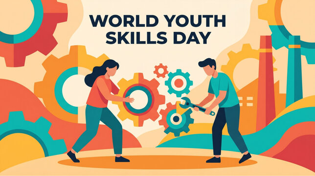 World youth skills day banner with young man and woman fixing gears using wrench for global industrial vocational training concept background
