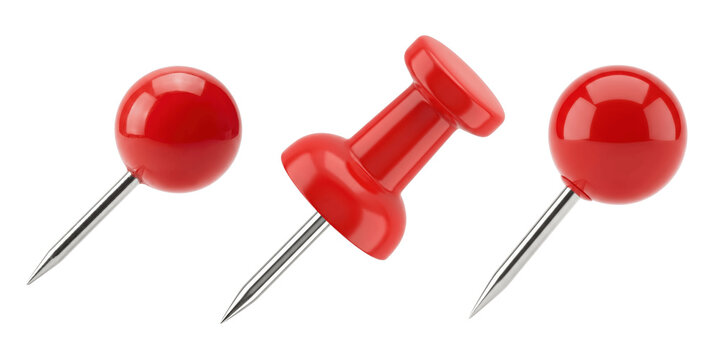 Three red push pins on transparent background