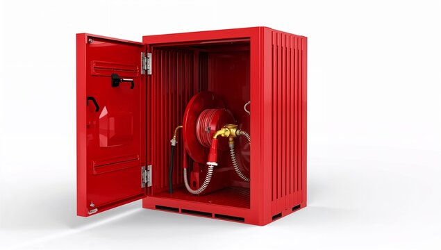 Open red fire hose cabinet with coiled hose 3d render on white background high quality professional