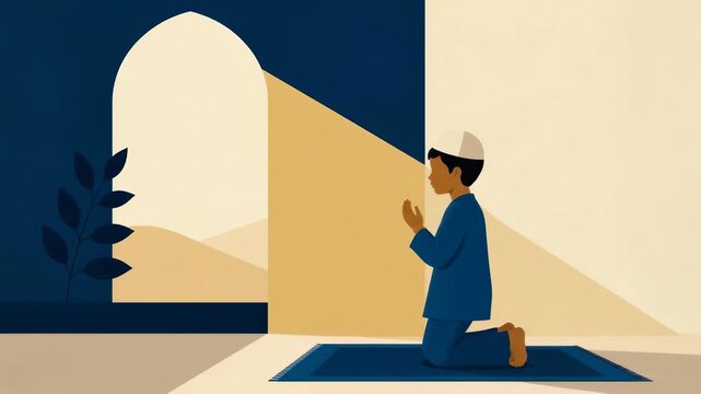 A young boy in a blue thobe and white kufi sits in prayer on a blue rug, captured in a serene, artistic illustration showcasing a moment of quiet religious devotion and spiritual connection.