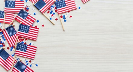 Obraz premium American flags and stars on white wooden background for 4th july celebration decoration