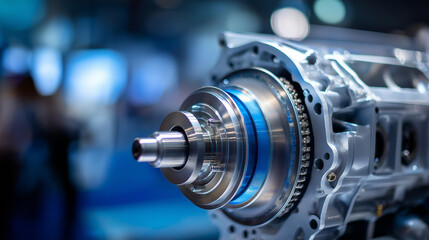 Fototapeta premium Detailed cutaway view of a modern internal combustion engine block revealing internal components and engineering precision. Defocused background. Engine block cutaway, modern ICE,