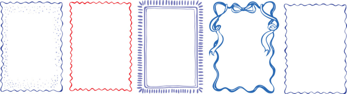Hand drawn frame set with decorative borders ribbons and dotted edges in blue and red