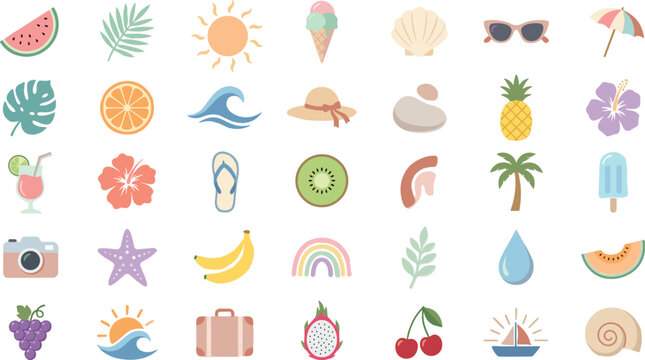 Summer season flat lay collection with various cute icons for vacation, travel, and beach fun
