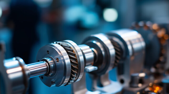 Close-up of internal combustion engine metal parts including pistons and crankshaft in a workshop gear mechanism and engineering concept. Pistons crankshaft, workshop engineering,