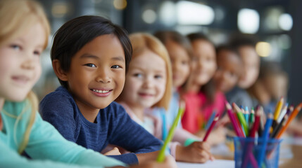 Obraz premium Faceless group of diverse kids sitting at a table drawing with colored pencils and smiling in a happy daycare art activity concept. Defocused background. Diverse kids drawing,